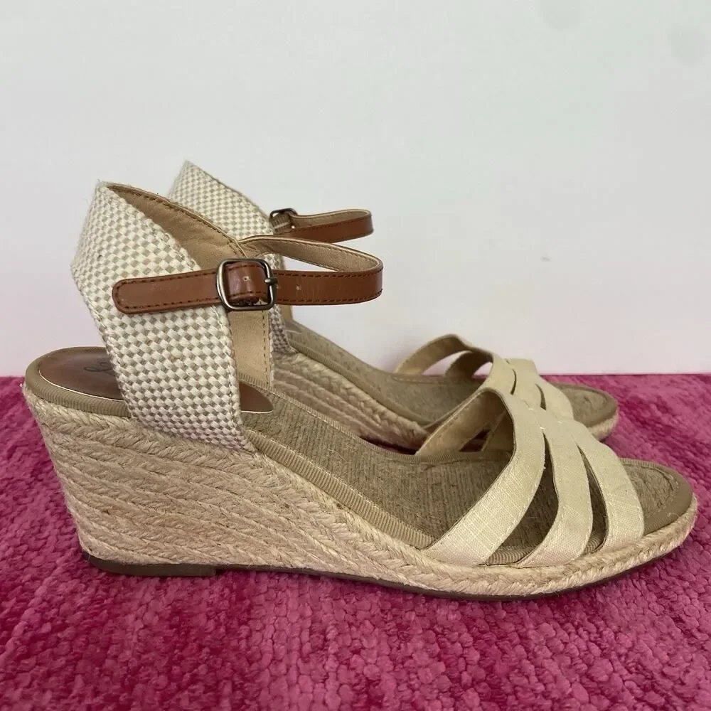 Lucky Brand Kylo Wedge Espadrille Sandals Linen Tan Size 8